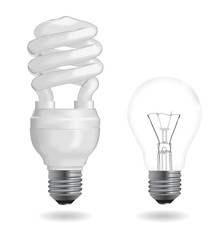 Incandescent and fluorescent energy saving light bulbs. Illustration.