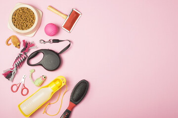 Accessories for animals on a pink background. Leash, water bottle, toys, hairbrush, food in a bowl. Place for your text.