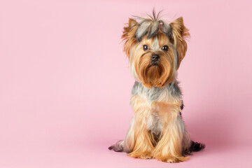 Adorable Yorkshire Terrier with a funny hairstyle on a pink background, place for text.