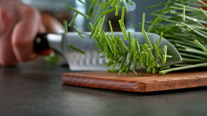 Freeze motion of cutting chive on cutting board. - obrazy, fototapety, plakaty