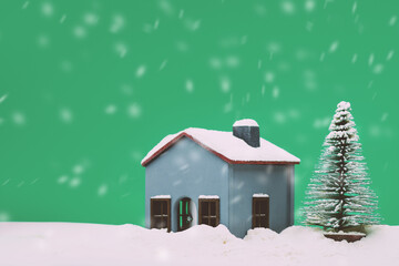 Fototapeta premium Model house and a pine tree with some snow