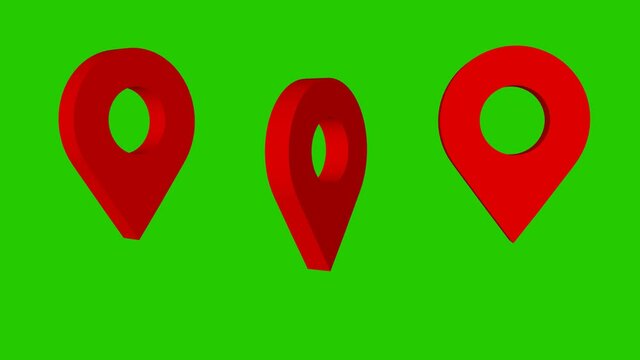 Three animated geolocation icons on a green screen. 3D animation.