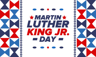 Martin Luther King, Jr. Day. Celebrated annual in United States in January, federal holiday. African American Rights Fighter. Patriotic american elements. Poster, card, banner, background. Vector