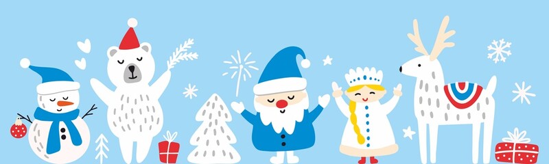 Vector illustration of Santa Claus and snow maiden with a snowman and gifts. Vector collection