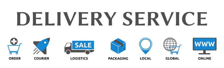 Delivery Service. Banner mit Icons. Order, Courier, Logistics, Packaging, Local, Global, Online. 
