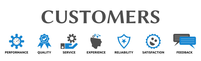 Customers. Banner mit Icons. Performance, Quality, Service, Experience, Reliability, Satisfaction, Feedback. 

