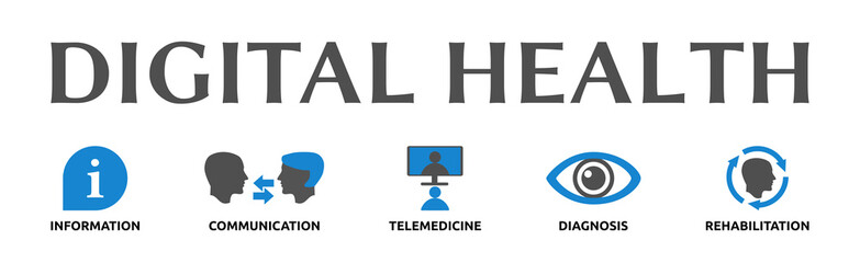 Digital Health. Banner mit Icons. Information, Communication, Telemedicine, Diagnosis, Rehabilitation. 
