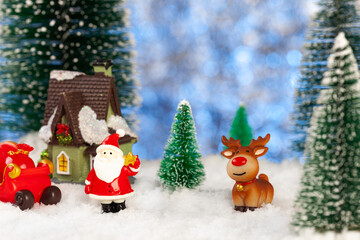 new year and christmas greeting card, santa claus and reindeer with gifts on sleigh, concept