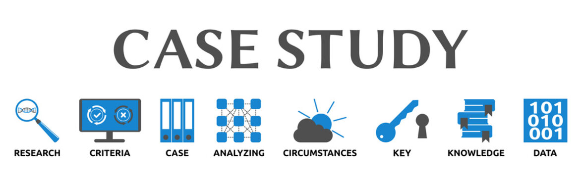 Case Study. Banner mit Icons. Research, Criteria, Case, Analyzing, Circumstances, Key, Knowledge, Data. 
