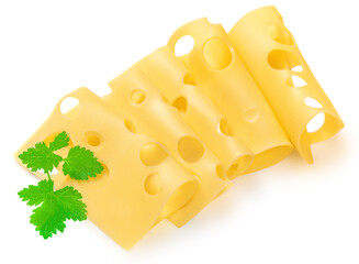 Cheese with hole  isolated. Cheese slices on white background, top view.