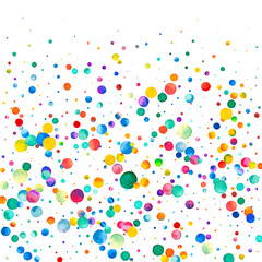Watercolor confetti on white background. Actual rainbow colored dots. Happy celebration square colorful bright card. Surprising hand painted confetti.