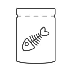 Cat food icon. A simple line drawing of a food bag with a fish skeleton on the package. Isolated vector on white background.