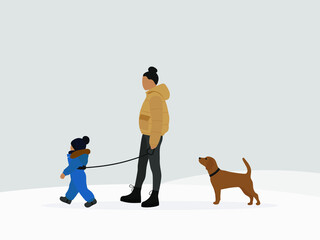 Female character with child and dog walking in winter