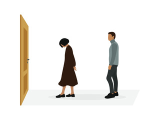 A sad female character walks towards the door and a male character looks at it