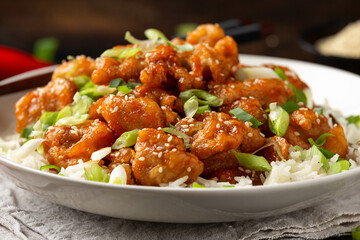Asian crispy sweet sesame chicken with basmati, wild rice and spring onion.