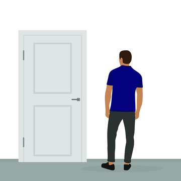 Male character looking at closed door on white background