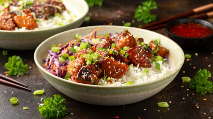 Vegan fried tempeh with rice and vegetables. Asian healthy food