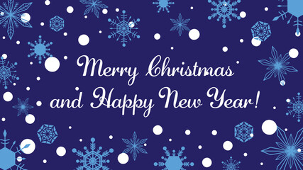 Merry Christmas and Happy New Year horizontal vector banner with blue snowflakes on dark blue background