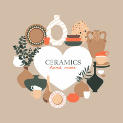 Handmade ceramic. Set of dishes, colorful plates, bowls, ceramic vases