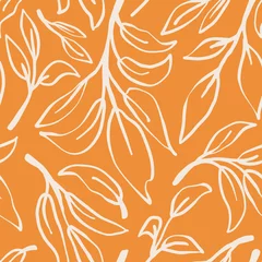 Gordijnen Blad naadloos herhalingspatroon. Willekeurig geplaatste, vector plantkunde planten over het hele oppervlak print op oranje achtergrond. © MoJX.Studio