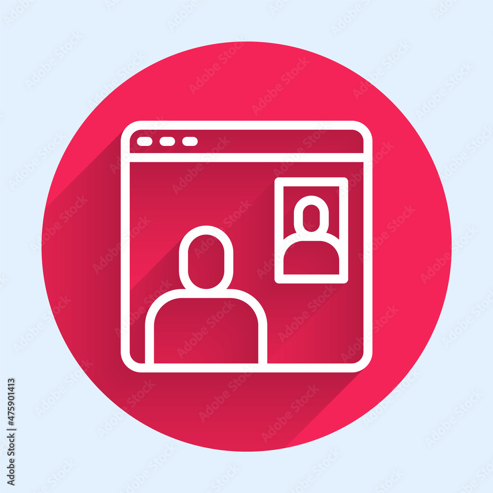 Poster White line Video chat conference icon isolated with long shadow. Computer with video chat interface active session on screen. Red circle button. Vector