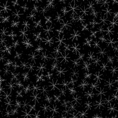 Hand Drawn Snowflakes Christmas Seamless Pattern. Subtle Flying Snow Flakes on chalk snowflakes Background. Authentic chalk handdrawn snow overlay. Modern holiday season decoration.