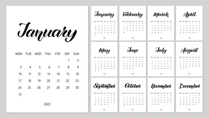 Vector Calendar Planner for 2022 Year with handdrawn lettering and color doodles. Set of 12 Months. Week Starts Monday. Stationery Design.