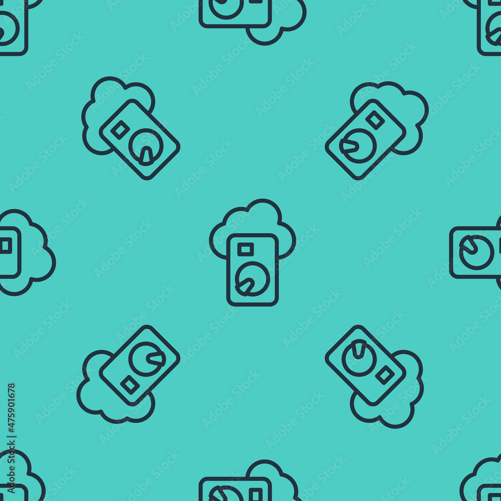 Poster black line cloud database icon isolated seamless pattern on green background. cloud computing concep