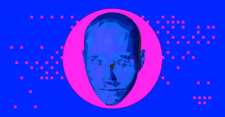 3D low poly wireframe model of a human head with pixel artifacts. Conceptual image of AI (artificial intelligence), VR (virtual reality), Deep Learning and Face recognition systems.