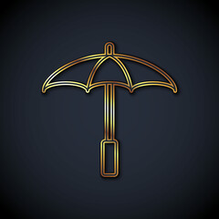 Gold line Sun protective umbrella for beach icon isolated on black background. Large parasol for outdoor space. Beach umbrella. Vector © Vadim