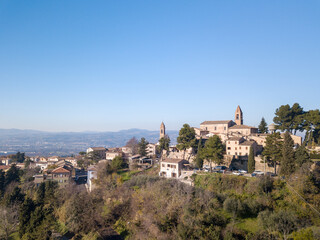 Fototapeta na wymiar Italy, December 2021- aerial view of the medieval village of Montemaggiore al Metauro in the province of Pesaro and Urbino in the Marche region