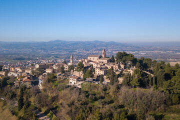 Fototapeta na wymiar Italy, December 2021- aerial view of the medieval village of Montemaggiore al Metauro in the province of Pesaro and Urbino in the Marche region