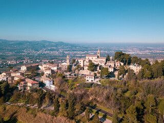 Italy, December 2021- aerial view of the medieval village of Montemaggiore al Metauro in the...