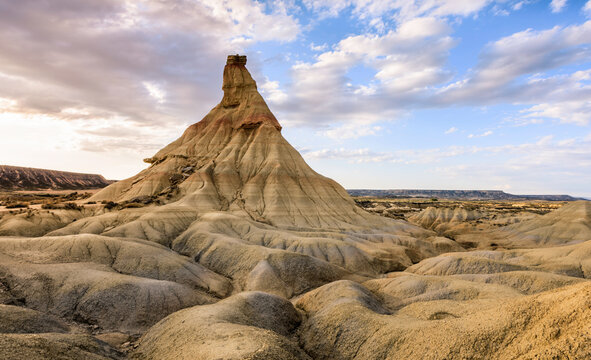 Castil de Tierra in lunar landscape of Banderas Reales at dawn, Navarre, Spain