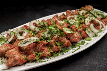 LULYA-KEBAB with herbs and onions on a plate, on a dark background