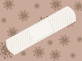 Vector graphics - coronavirus molecules are sealed with a white bactericidal patch on a beige background and space for copying. Concept - fighting the covid-19 pandemic