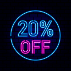 20 percent SALE glowing neon lamp sign. Vector illustration.