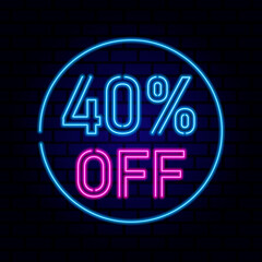 40 percent SALE glowing neon lamp sign. Vector illustration.