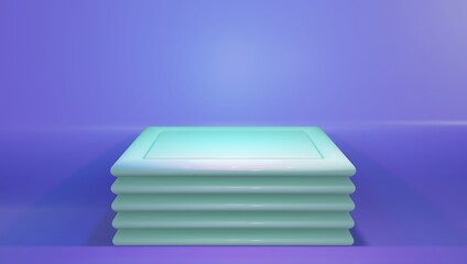 Product showcase illuminated mint stage square podiums mockup in purple saturated color. 3d render illustration