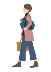 犬をキャリーバッグに入れて運ぶ女性（動物病院・災害避難・ペット旅行のイメージに・表情あり）
