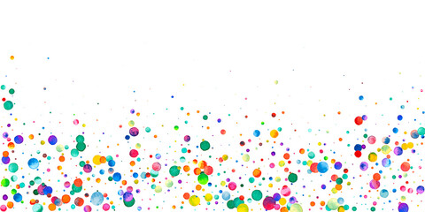 Watercolor confetti on white background. Adorable rainbow colored dots. Happy celebration wide colorful bright card. Overwhelming hand painted confetti.