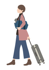 キャリーバッグに入れた猫と、スーツケースを運んでいる女性（帰省やペット旅行等のイメージに）