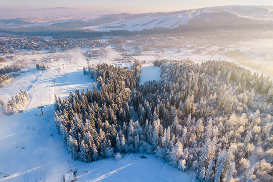 Drone View at Ski SLope in kotelnica, Zakopane, Poland at Cold Sunny Winter Day