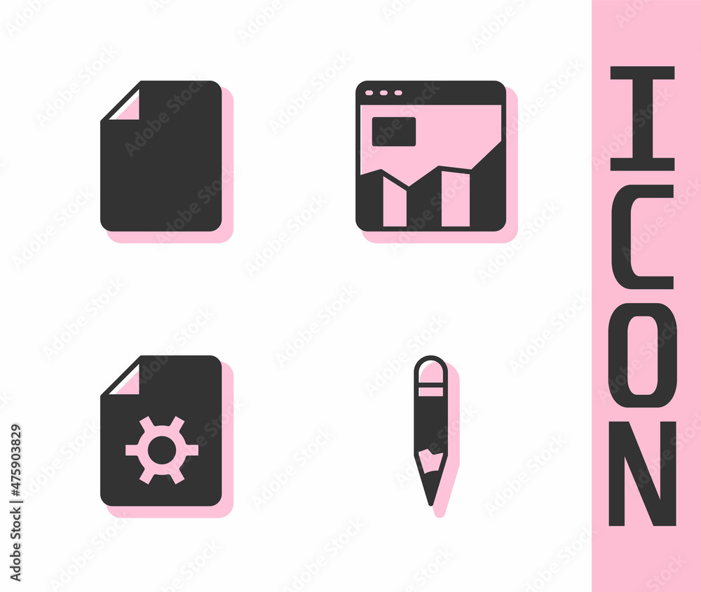 Poster set pencil, file document, document settings and graph chart infographic icon. vector