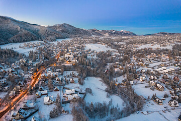 Snow in Zakopane at Winter. Aerial Drone Cityscape at Sunrise