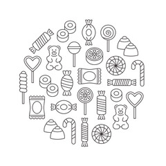 Candy card. Circle line template with lollipop, sweets, caramel, candy cane, chocolate candy, gummy bear.