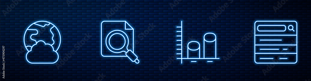 Poster set line data analysis, social network, search concept with folder and engine. glowing neon icon on 