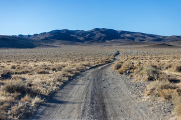 Lonely dirt four wheel drive road leading off into the mountains through sagebrush and desert