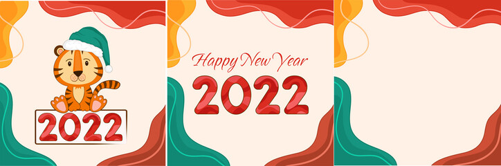 Vector illustration tiger with 2022 new year abstract set background. Cristmas layout and line composition.