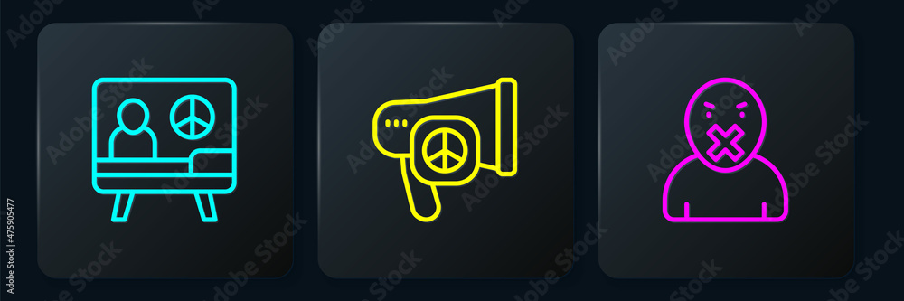 Poster set line peace, censor and freedom of speech and . black square button. vector